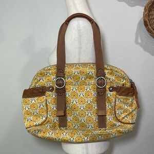 Vintage Fossil Key-Per Mustard Yellow Floral Print Canvas Handbag Purse Satchel